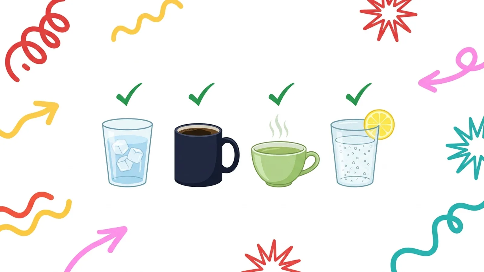 Recommended drinks during fasting: water, black coffee, green tea, and sparkling water